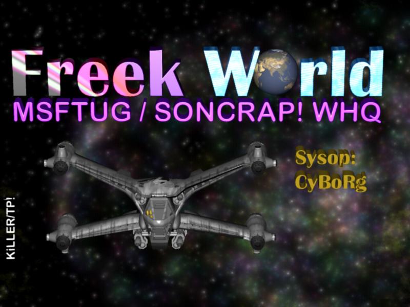 Freek World First Intro bitmap image with a bootleg x-wing