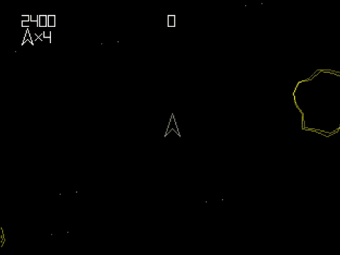Animated gif of gameplay some version of the game "Asteroids" first released as an arcade cabinet in 1979 by Atari Inc.